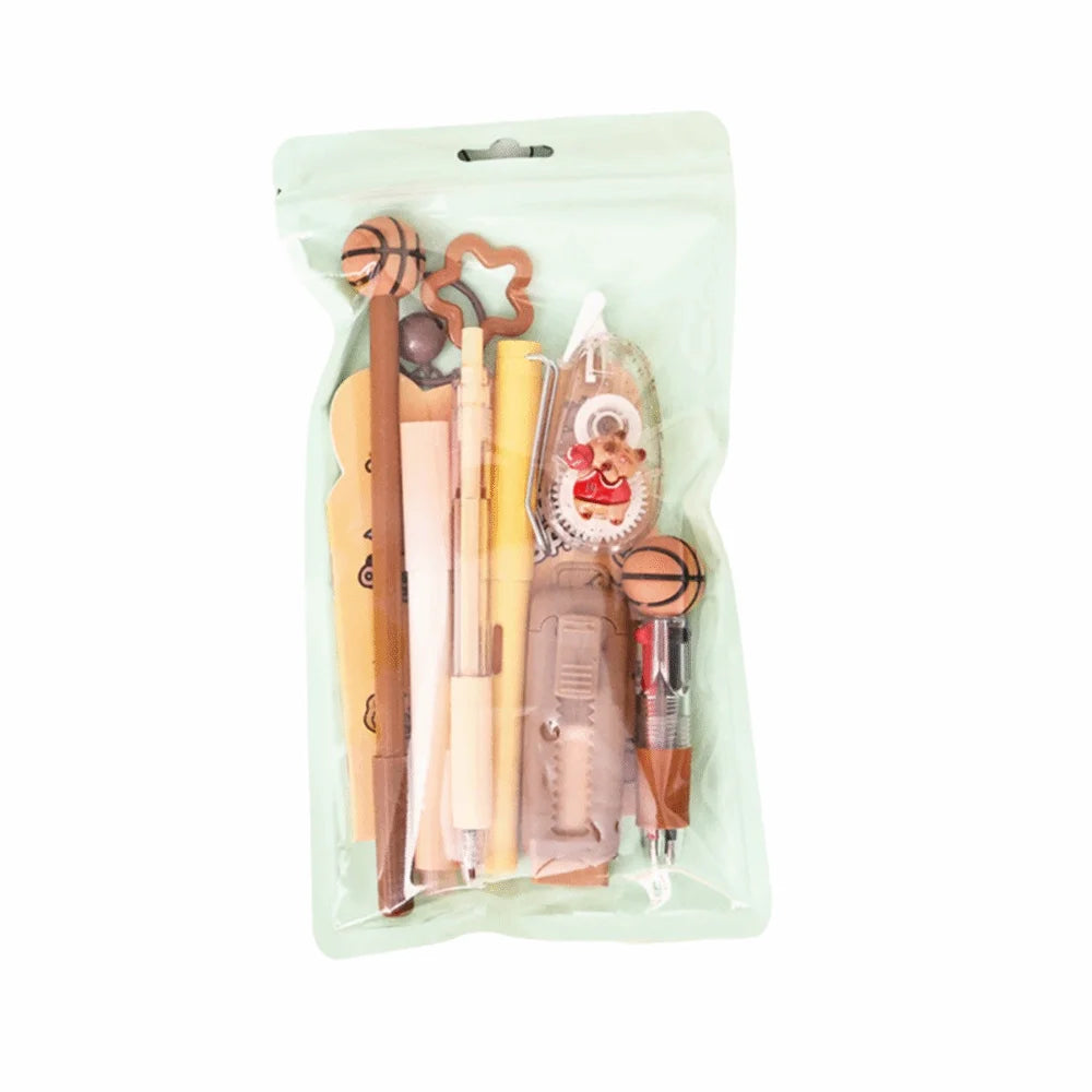 Cartoon School Stationery Set 6 Color Pens Stick Note Student Tools Gift Kit Eraser Large Capacity Learning Gift Box