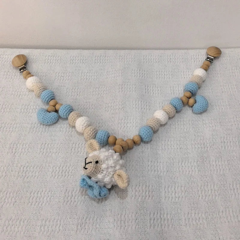 Newborn Educational Ring Teething Toy Baby Cartoon Lamb sheep Wooden Ring Rattle Crochet Wool Toy Customize Pacifier chain Towel