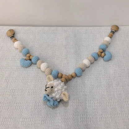Newborn Educational Ring Teething Toy Baby Cartoon Lamb sheep Wooden Ring Rattle Crochet Wool Toy Customize Pacifier chain Towel