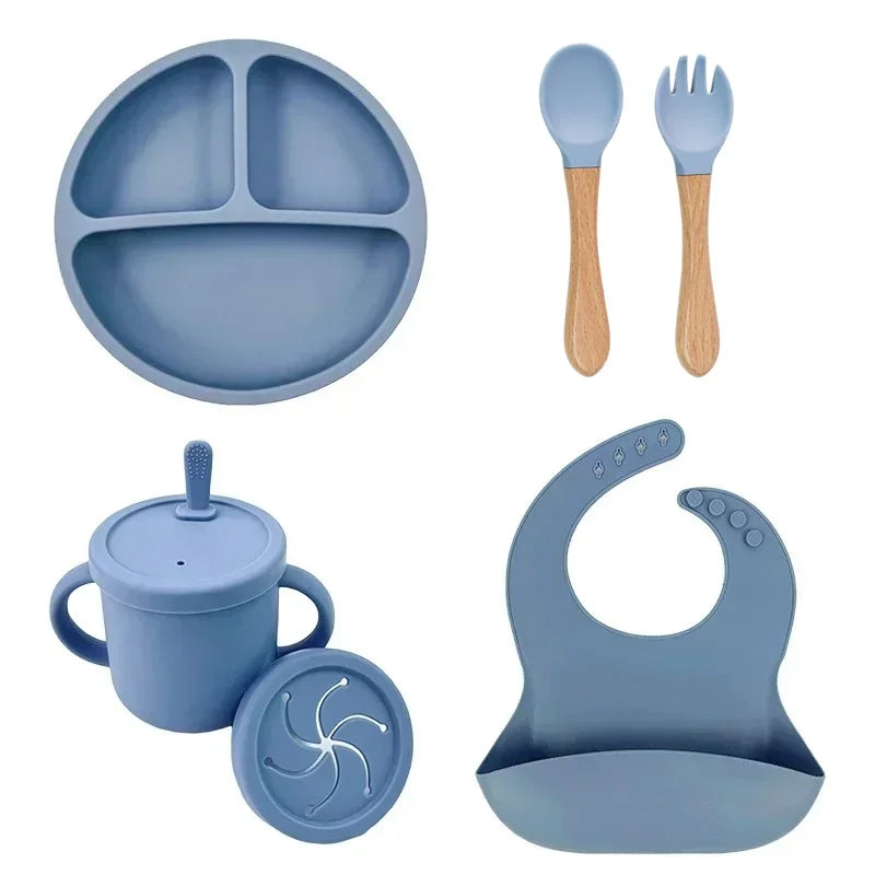Food Grade Silicone Child Dish Set Baby Feeding Bowl Suction Plate Straw Cup Wooden Spoon Fork for Kids Tableware Toddler Dishes