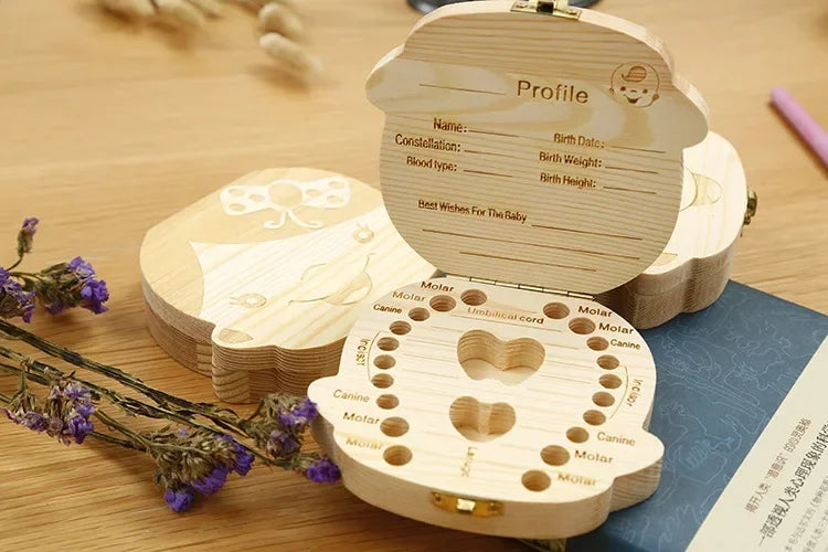 1pcs English&Spanish Baby Wood Tooth Box Organizer Milk Teeth Storage Collect Teeth Umbilica Save Gifts Baby Tooth Box
