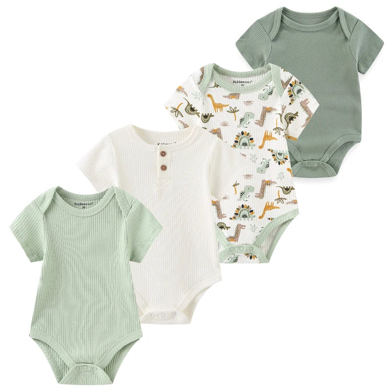4-Piece Baby Romper Set, Soft Cotton Cartoon Print Short Sleeve Bodysuits for Newborn Boys and Girls (0–12M)