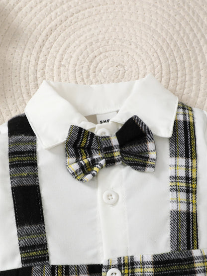Newborn Literary Style Boy Baby Lapel False Strap Black Plaid Color Matching Jumpsuit Long Sleeve Button Cardigan Hat