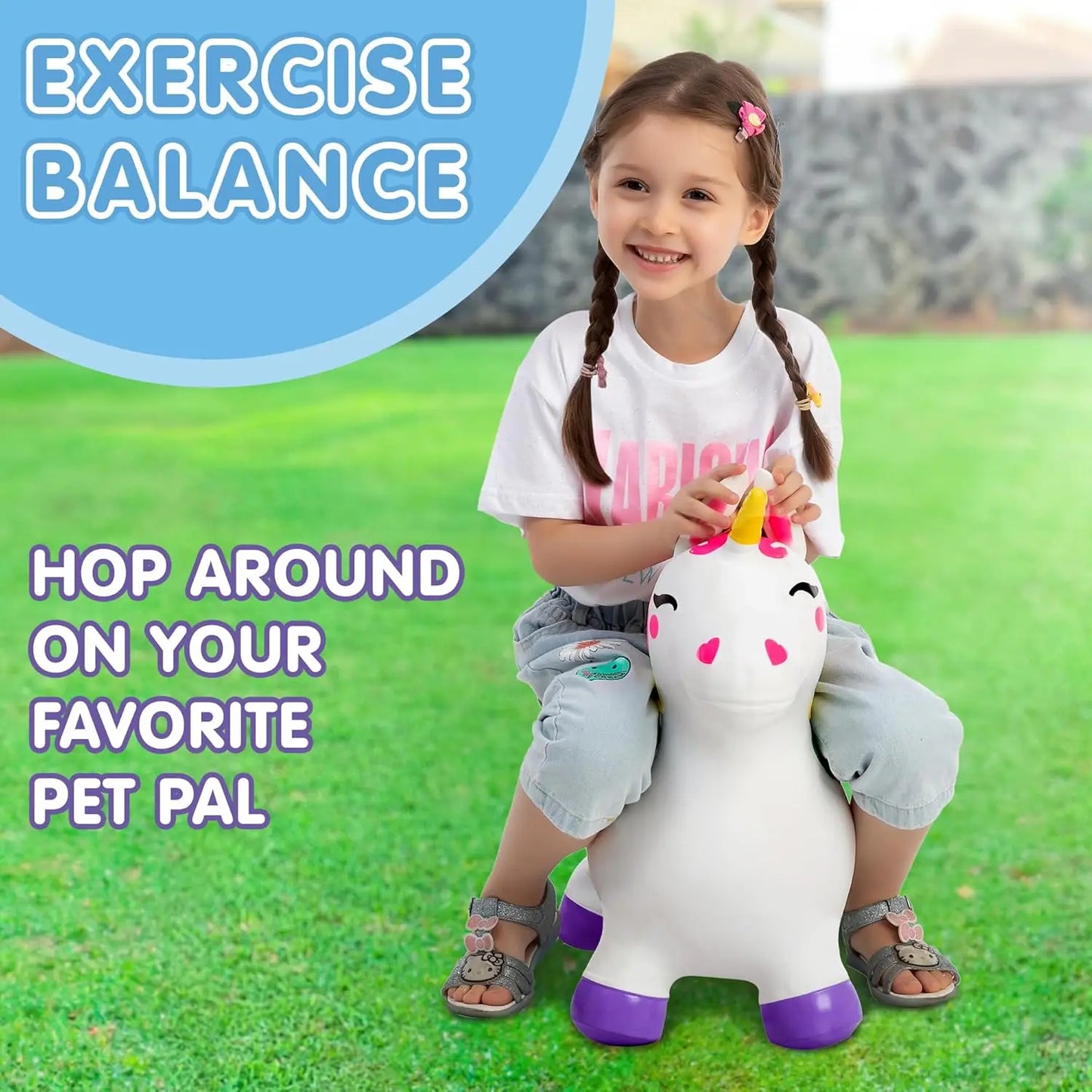 JOYFY Kids Bouncy Unicorn Horse Ride on Toys Bouncer Bouncing Animal Hopper Inflatable