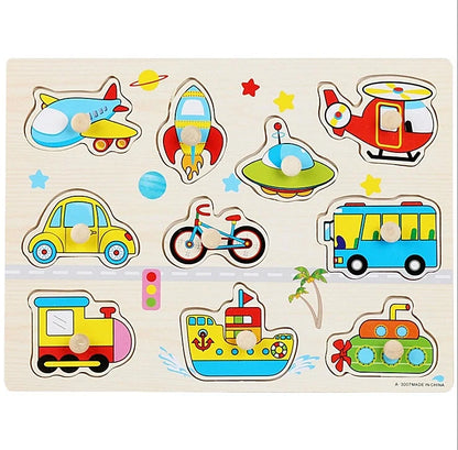 30cm Baby Toys Wooden Puzzle Hand Grab Board Educational Wood Puzzles for Kids Cartoon Animal Vehicle Child Gift