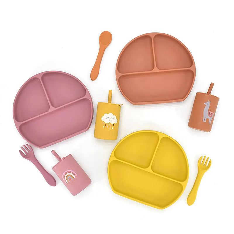 3/9Pcs Baby Tableware Set Food Grade Silicone Baby Dishes for Children's Cute Print Bib Bowl Non-Slip Plates with Sucker BPAFREE