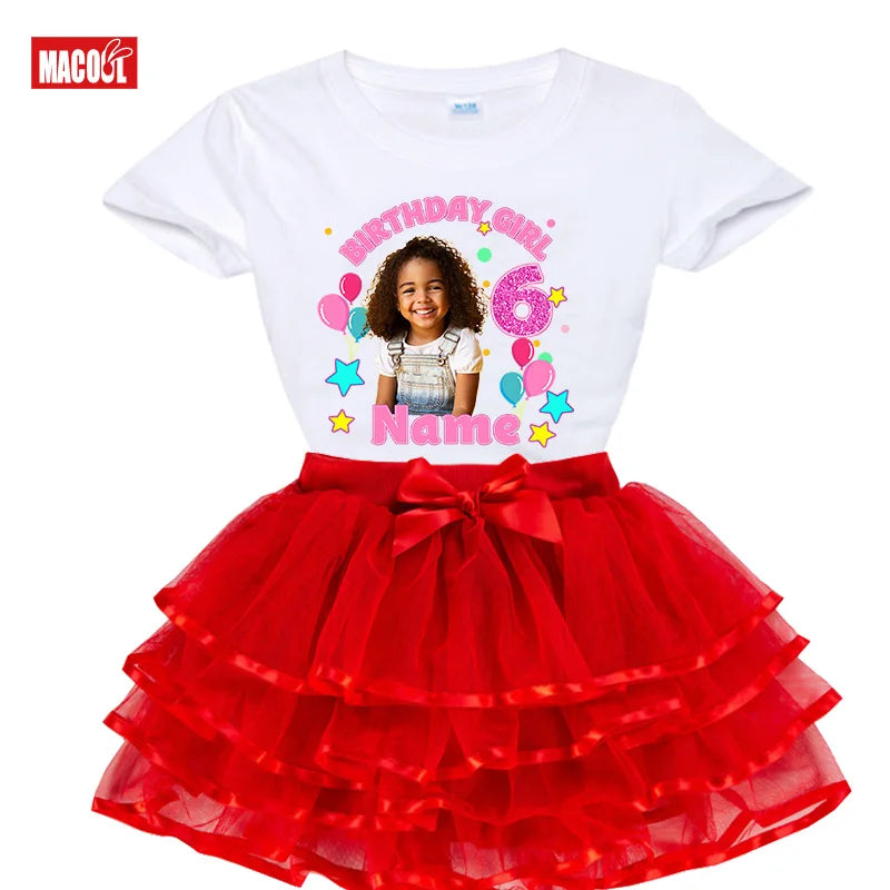 Custom Photo Birthday Girl Shirt And Tutu Set Girls' Party Dress Outfit with Name Personalization Child's Special Day Clothing