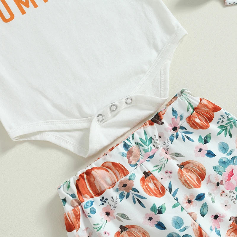 Summer Halloween Infant Baby Girls Clothes Letter Print Short Sleeves Romper and Pumpkin Print Flare Pants Headband