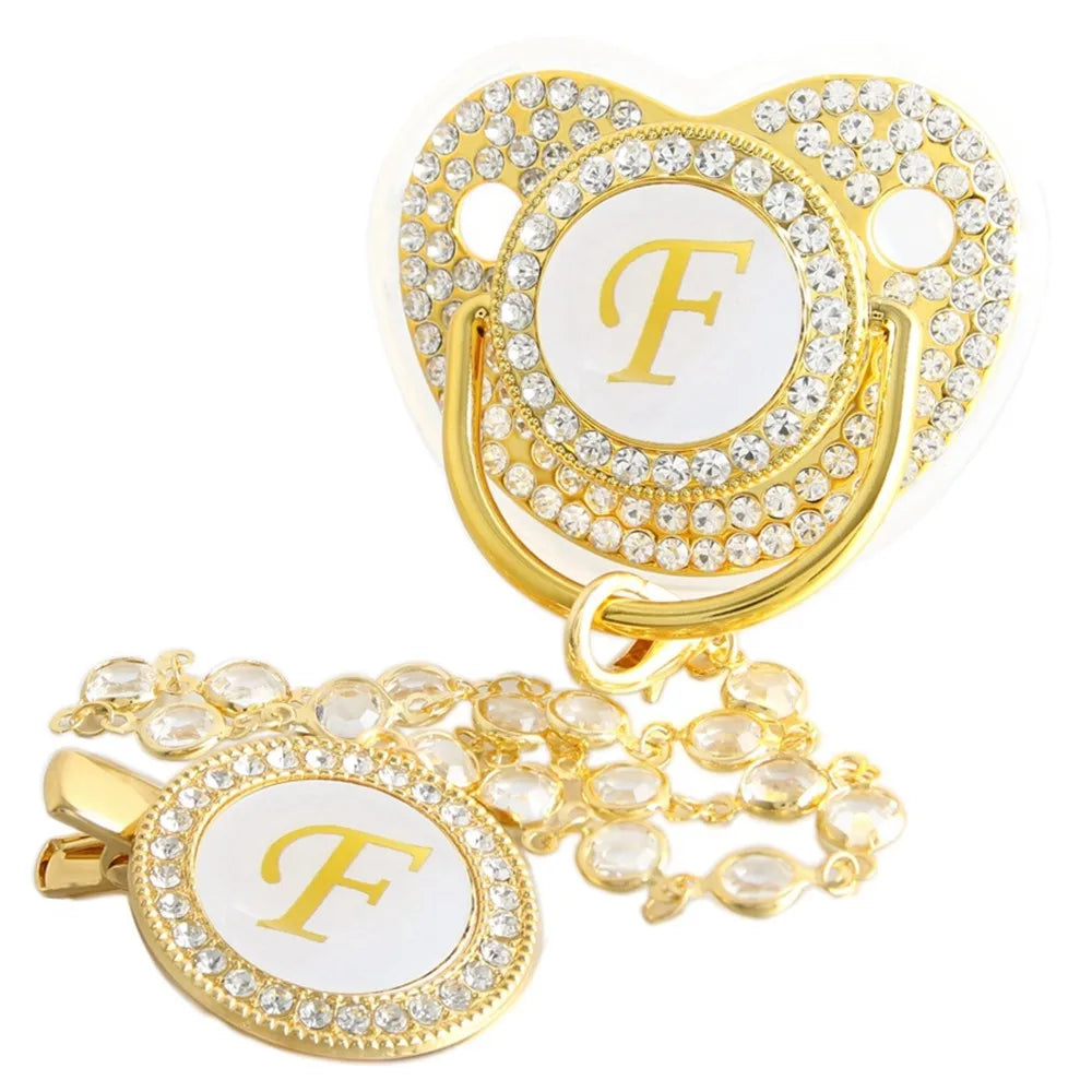26 Initial Letters Golden Baby Pacifier With Diamond Chain Clip