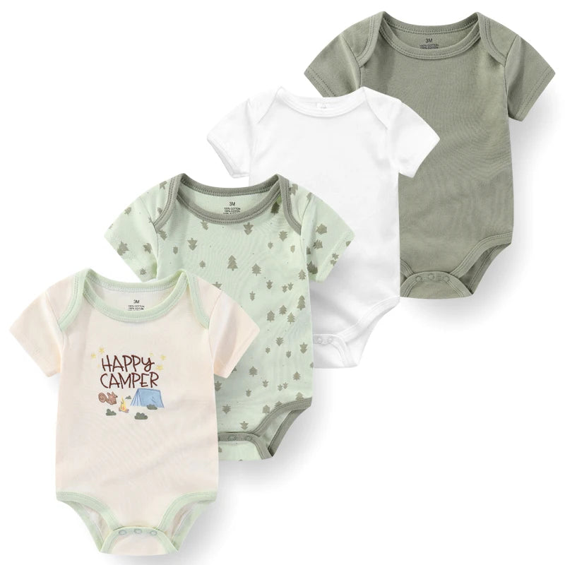 4-Piece Baby Romper Set, Soft Cotton Cartoon Print Short Sleeve Bodysuits for Newborn Boys and Girls (0–12M)