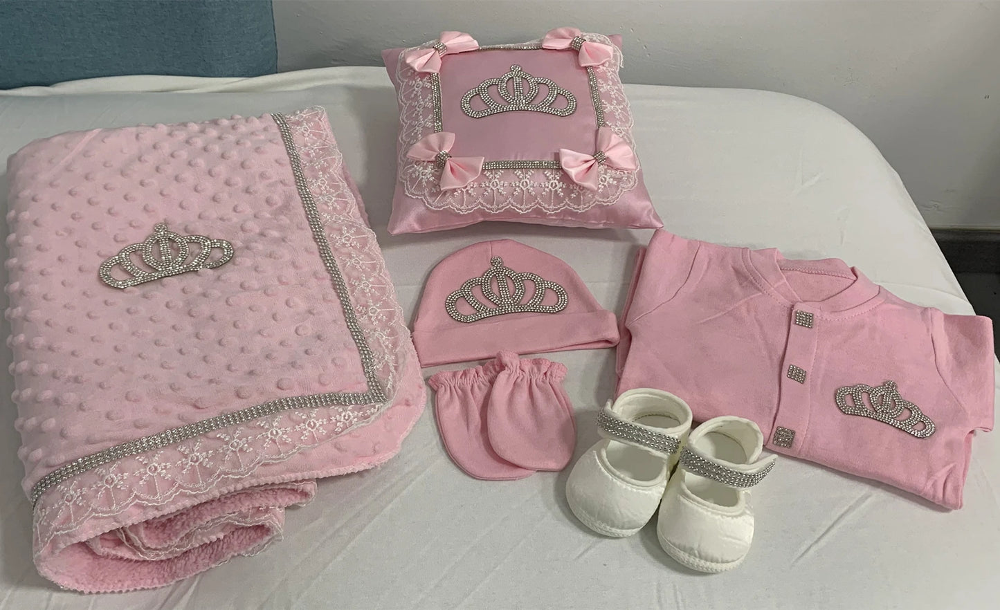 5pcs Baby Girl Outfits Set Welcome Home Hosptial Infant Receiving Blanket Pillow Bed Hat Mittens Romper Set