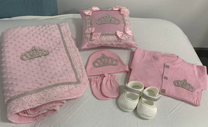 5pcs Baby Girl Outfits Set Welcome Home Hosptial Infant Receiving Blanket Pillow Bed Hat Mittens Romper Set