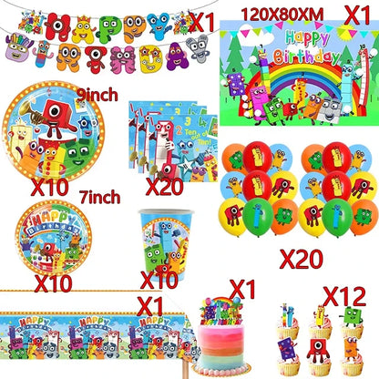 Number Birthday Decorations Building Blocks Tablecloth Banner Spiral Cake Topper Balloon for Kids Baby Shower Supplies Gifts
