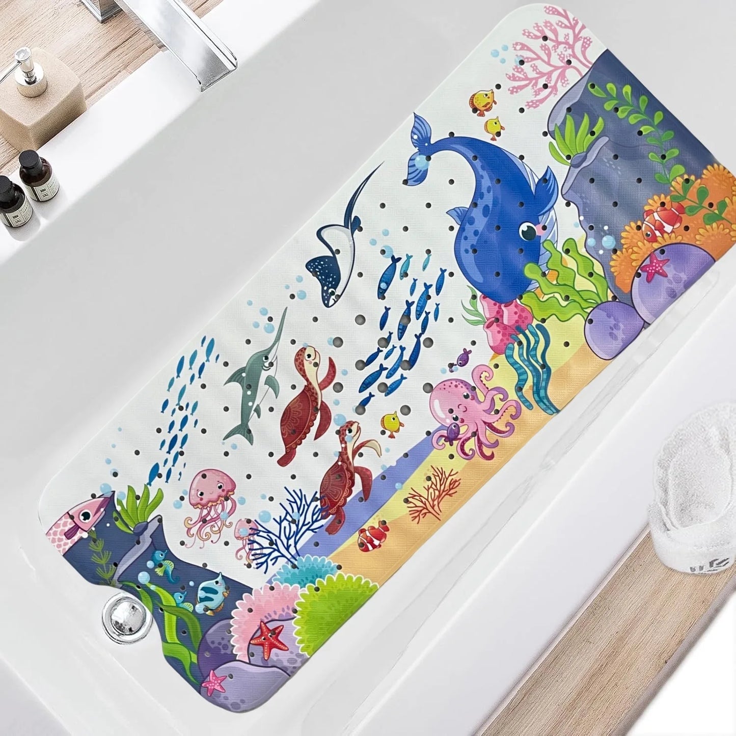1pc Cartoon Extra Long Bathtub Mat 40x100cm Non-Slip Bathmat Suction Cups & Drain Holes