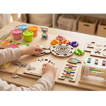 DIY Montessori Busy Board Accessories Set Wooden Sensory Activity Toys Gear Switch LED Light Drum Beads Educational Learning Toy