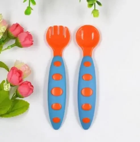 2pc Baby Spoon Fork Set Children Tableware Children Utensil Safety Tableware Infant Solid Feeding Flatware for Baby Feeding Bowl