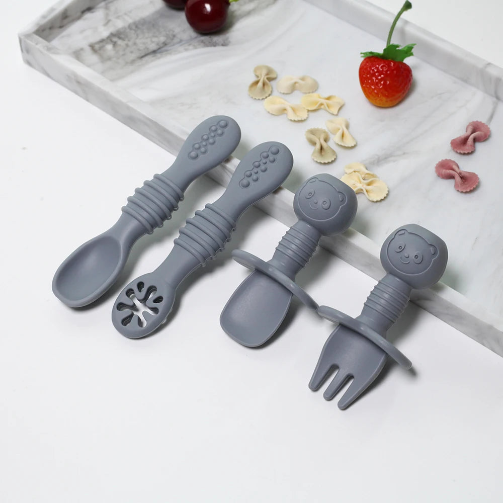 Silicone Food Grade 4pcs Baby Feeding Spoon Set Mini Small Fork and Spoon and Long Spoon Set