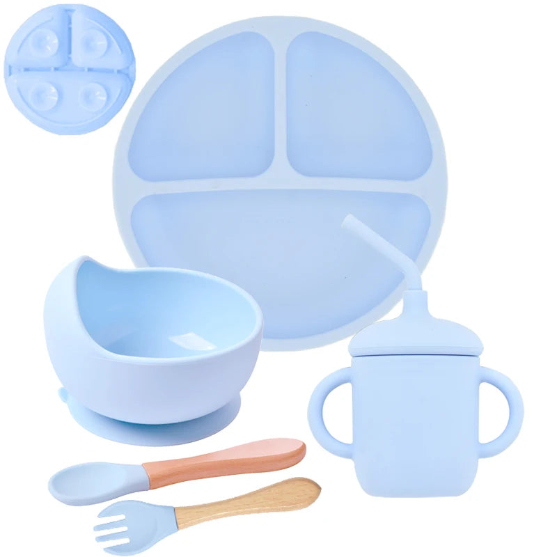 5Pcs/Set Baby Soft Silicone Tableware Kid Feeding Dishe Sucker Plate Bowl Spoon Fork Set Children Dishes Non-slip Dinnerware Set