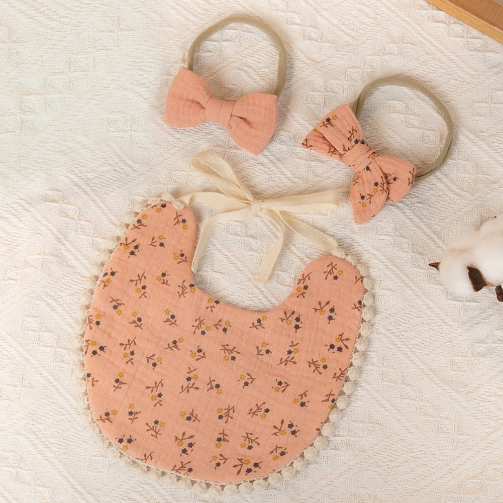 3-Piece Baby Bib & Headband Set, Double-Sided Feeding and Burp Cloth with Soft Nylon Bow Headbands