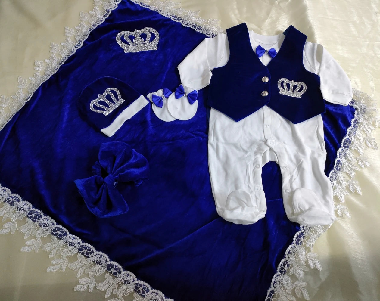 Royal Blue Velvet Baby Romper Outfits Set Welcome Home Nursery Infant Nest Luxury Crown Receiving Blanket Outfit Set