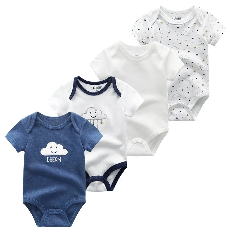 4-Piece Baby Romper Set, Soft Cotton Cartoon Print Short Sleeve Bodysuits for Newborn Boys and Girls (0–12M)
