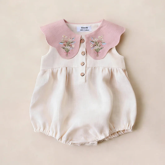 Baby Girls Cotton Linen Romper, Sleeveless Embroidered Summer Outfit (0–2 Years)