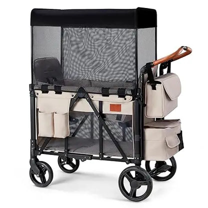 Wagon Stroller for 2 Kids, High Seat & 5 Point Harness, Foldable All-Terrain Wagon for Toddler with Canopy, Parent Organizer