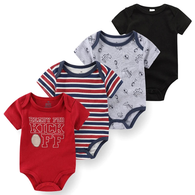 4-Piece Baby Romper Set, Soft Cotton Cartoon Print Short Sleeve Bodysuits for Newborn Boys and Girls (0–12M)