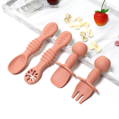 Silicone Food Grade 4pcs Baby Feeding Spoon Set Mini Small Fork and Spoon and Long Spoon Set