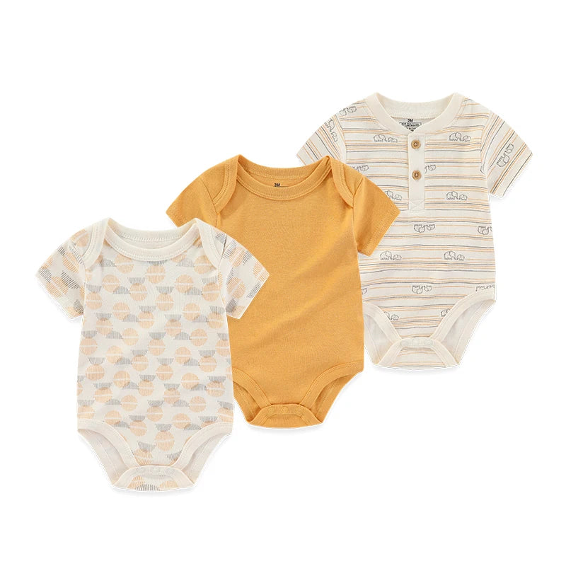 Cotton Newborn Baby Boy Clothes 3Pieces Summer 0-12M Cartoon Baby Girl Clothes Print Bodysuits Short Sleeve