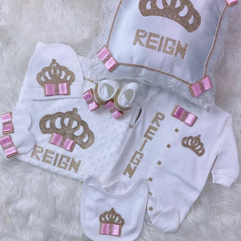 5pcs Baby Girl Outfits Set Welcome Home Hosptial Infant Receiving Blanket Pillow Bed Hat Mittens Romper Set