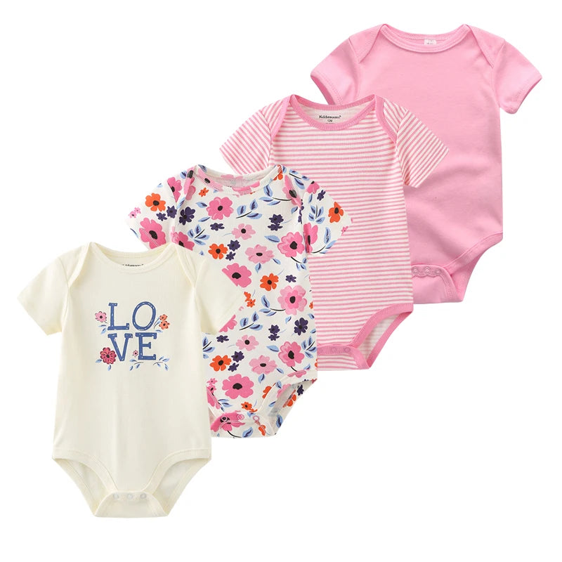 4-Piece Baby Romper Set, Soft Cotton Cartoon Print Short Sleeve Bodysuits for Newborn Boys and Girls (0–12M)