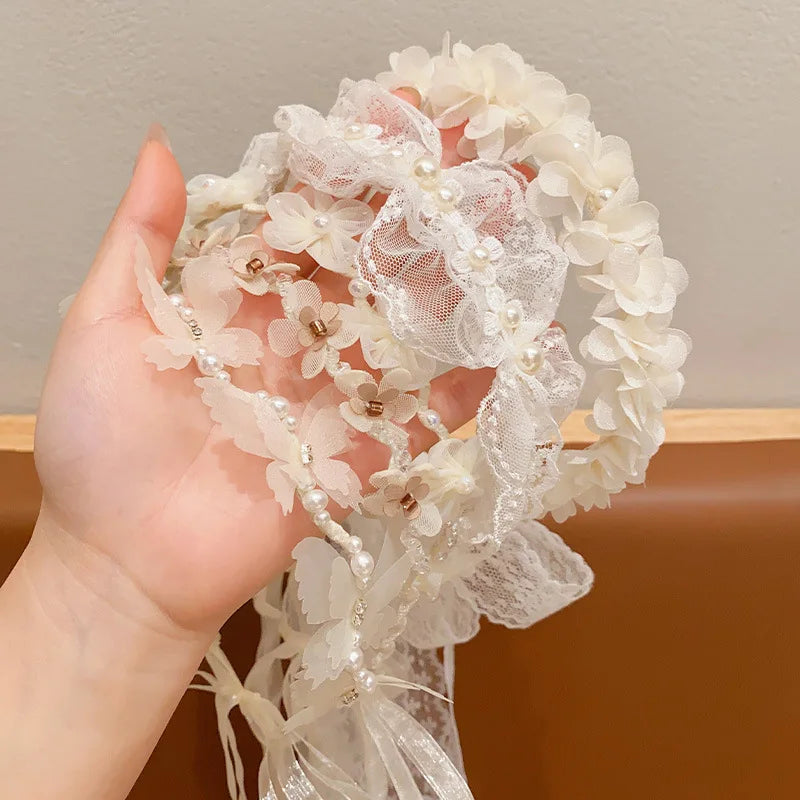 White Lace Hair Flower Butterfly Hairbands Princess Pearl Headbands