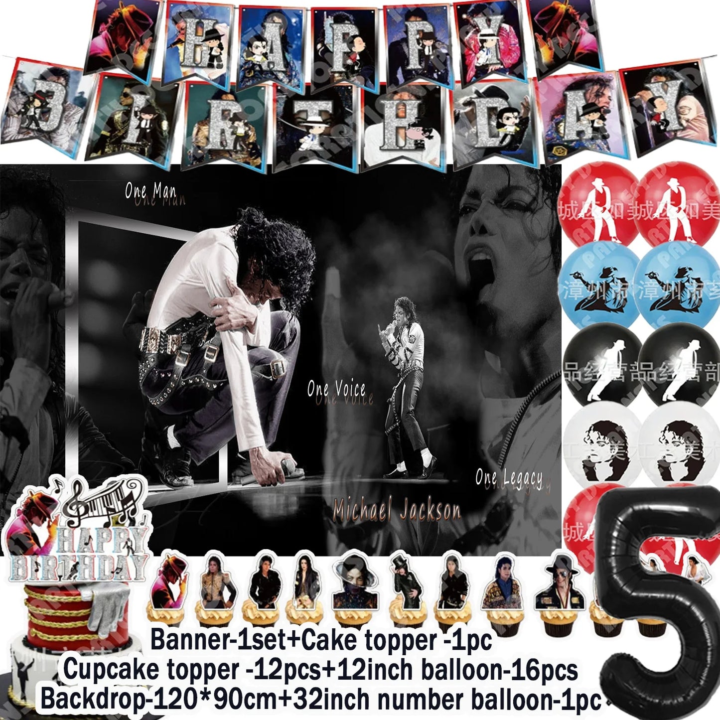 Music&Michael&J-jackson Birthday Party Supplies Banner Latex Balloons Cake Topper Cupcake Toppers Backdrop Fans Kids Adults Gift