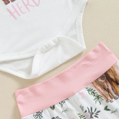 Summer Infant Baby Girl Clothes Set Print Short Sleeve Romper Elastic Waist Pants Bow Headband Outfits