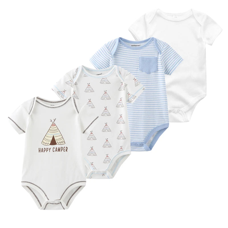 4-Piece Baby Romper Set, Soft Cotton Cartoon Print Short Sleeve Bodysuits for Newborn Boys and Girls (0–12M)