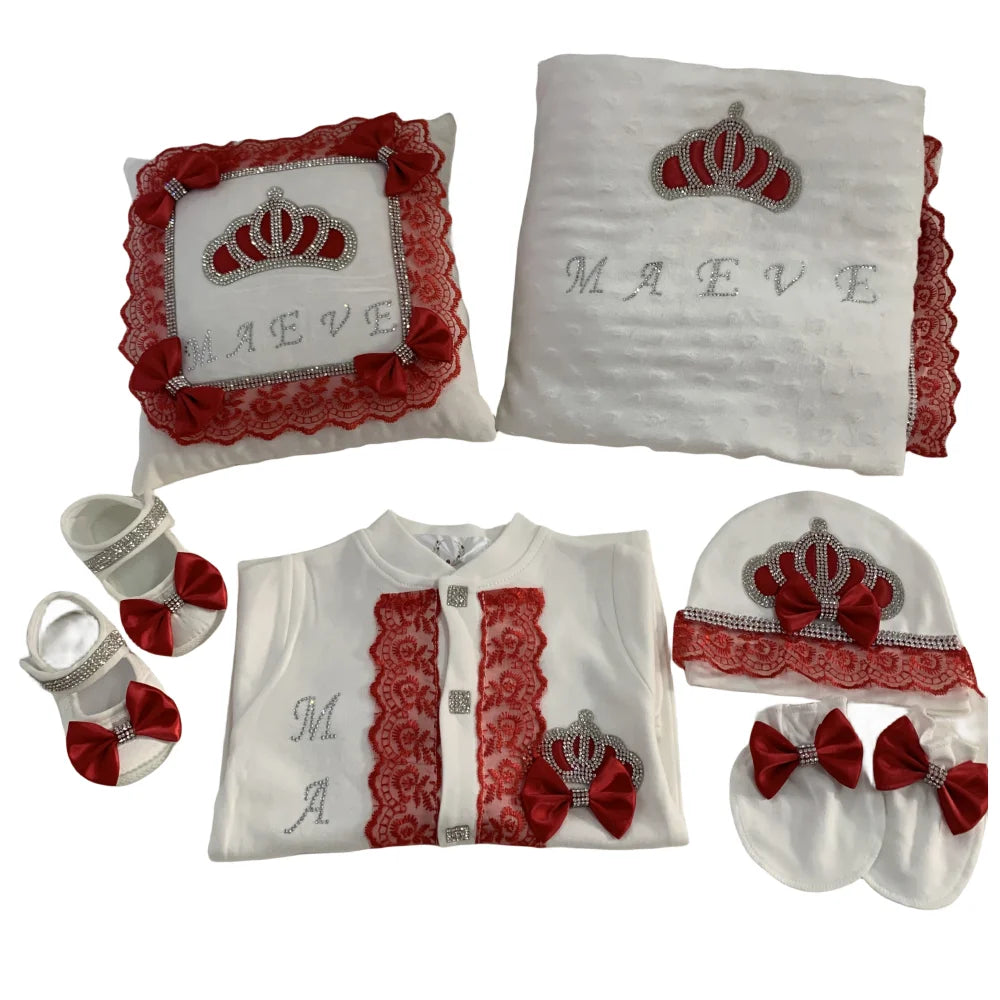 5pcs Baby Girl Outfits Set Welcome Home Hosptial Infant Receiving Blanket Pillow Bed Hat Mittens Romper Set
