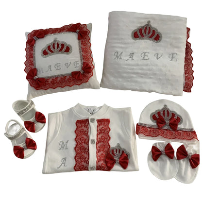 5pcs Baby Girl Outfits Set Welcome Home Hosptial Infant Receiving Blanket Pillow Bed Hat Mittens Romper Set