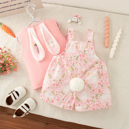 Baby Girl Set Cute Rabbit Ear Tops with Yellow Checker Shoulder Strap Shorts Suit 2 Piece Summer Casual Outdoor