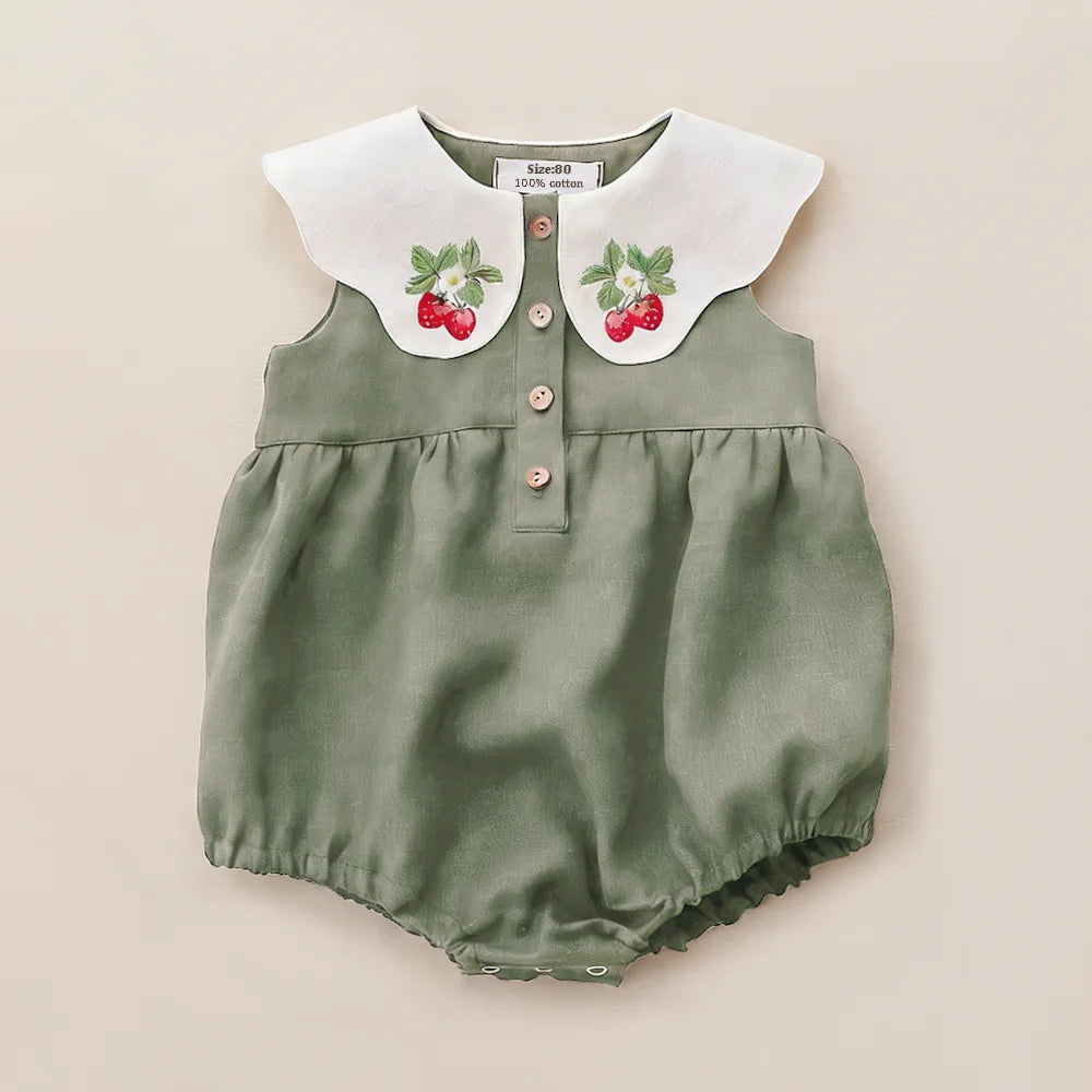 Baby Girls Cotton Linen Romper, Sleeveless Embroidered Summer Outfit (0–2 Years)