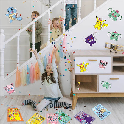 8/16 Sheets Cute Children DIY Puzzle Sticker Pokemon Face Funny Anime Pikachu Assemble Stickers Kids Toys Boys Girls Gifts
