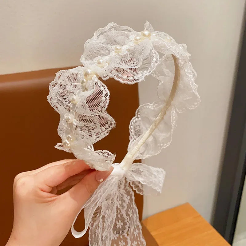 White Lace Hair Flower Butterfly Hairbands Princess Pearl Headbands
