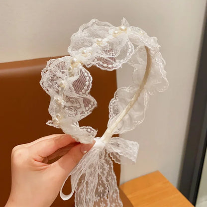 White Lace Hair Flower Butterfly Hairbands Princess Pearl Headbands