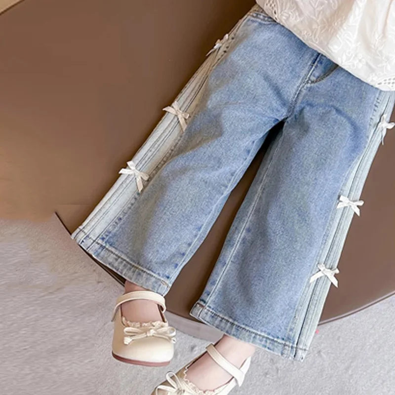 Girls Spring Jeans Kids Summer Bow Denim Pants Children's Straight Wide-leg Trousers Toddler Autumn Loose Clothing 2-8Y