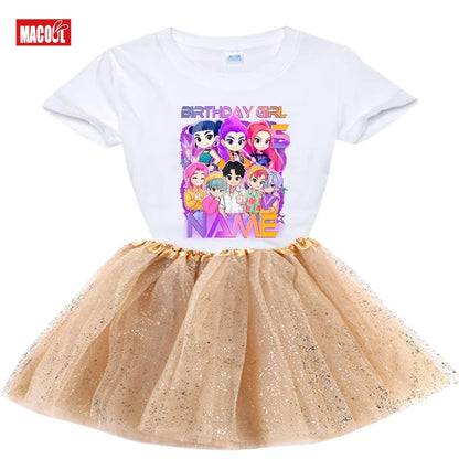 Custom Photo Birthday Girl Shirt And Tutu Set Girls' Party Dress Outfit with Name Personalization Child's Special Day Clothing