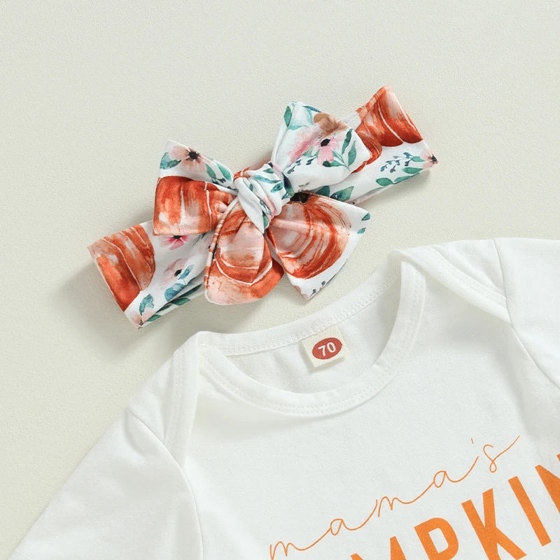 Summer Halloween Infant Baby Girls Clothes Letter Print Short Sleeves Romper and Pumpkin Print Flare Pants Headband