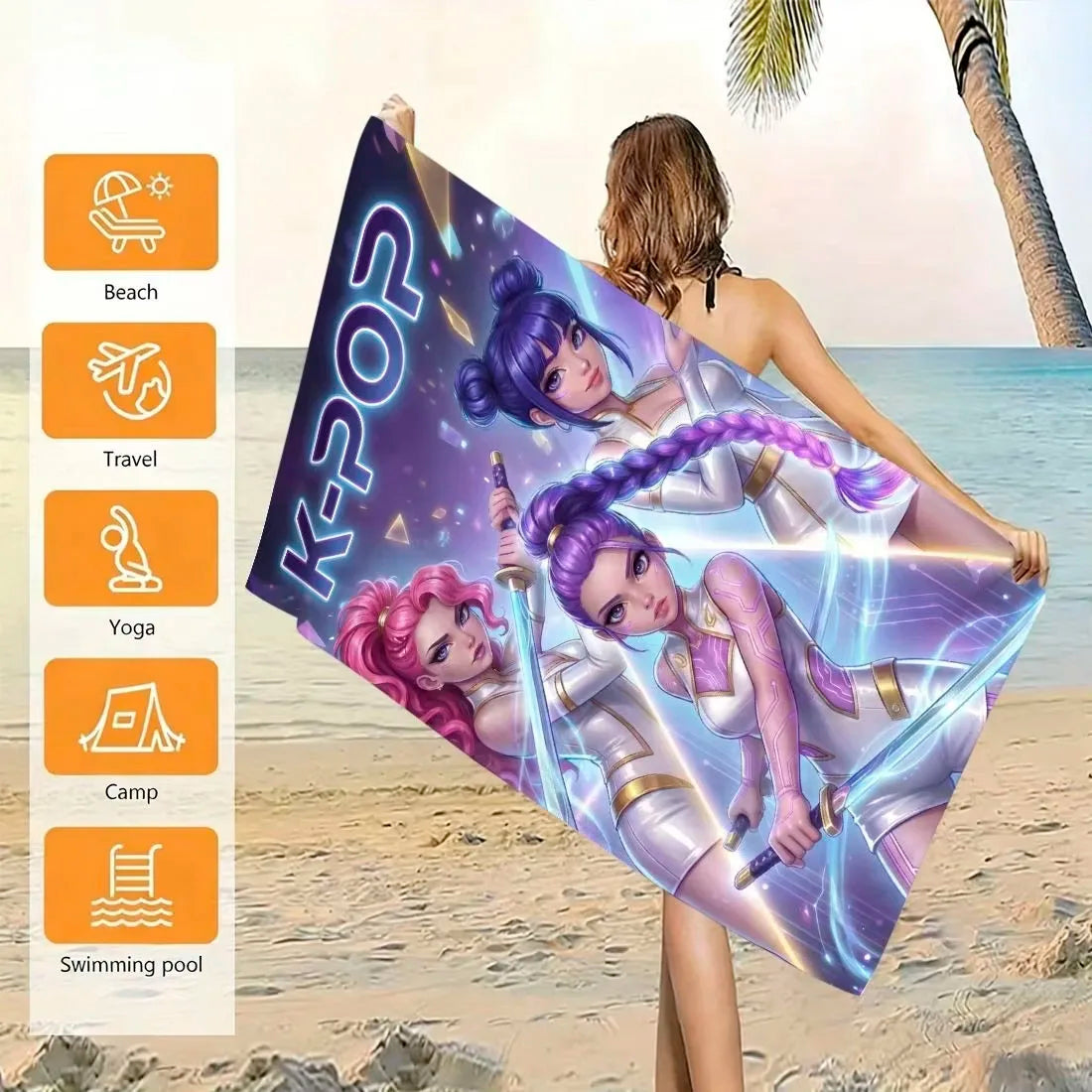 K-pop Idol Style Beach Towel Flat Print Anime Warrior Girls Graphic Bath Towel for Fan Gift Summer Concert Outdoor Decor