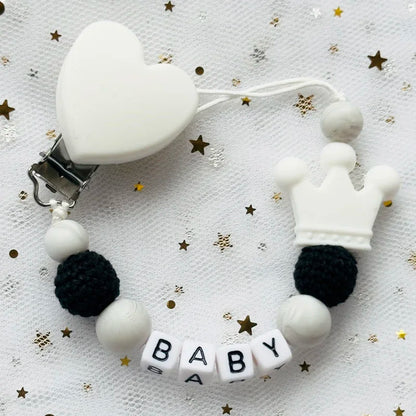 NEW Custom Personalized Name Pacifier Clip Handmade Beech Wooden Chain Silicone Crown Holder Soother Baby Teething Toy Chew Gift
