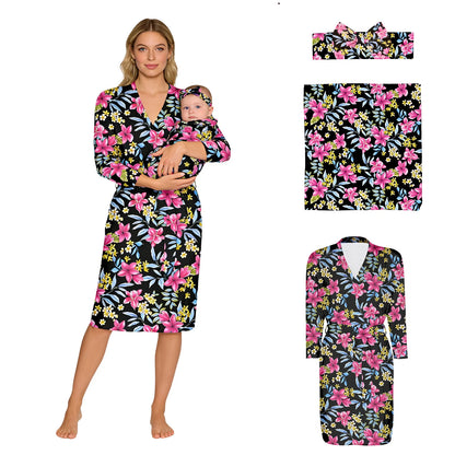Maternity Robe Matching Baby Receiving Blanket Mommy Labor Delivery Night-robe with Swaddle Set Hospital Home Nursing Clothing