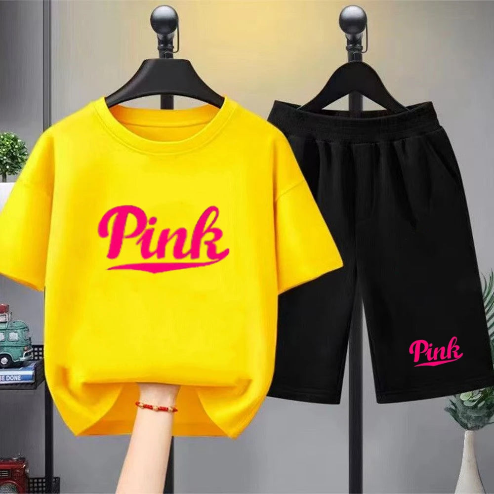 Kids Summer Girl Round Neck Black T-shirt+Shorts Short-sleeved Toddler 3-12Y Casual Sports Set Fashion Pink letter print